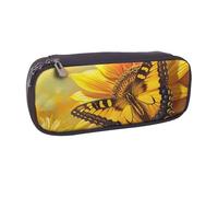 Sunflower Butterfly Sunny Printed Pu Leather Pencil Case Box Flip Pen Bag and Makeup Cosmetic Holder for Girls Boys School Students