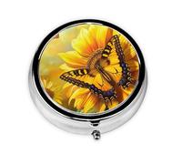 Sunflower Butterfly Sunny Printed Round Pill Organizer with 3 Compartments, Portable Mini Pill Box Pill Case for Medicine, Vitamin, Fish Oil, Supplements