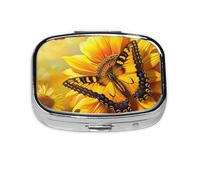 Sunflower Butterfly Sunny Printed Square Pill Organizer with 2 Compartments, Portable Mini Pill Box Pill Case for Medicine, Vitamin, Fish Oil, Supplements