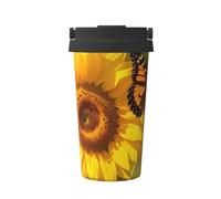 Sunflower Butterfly Sunny Tumbler with Lid and Handle 500ML Stainless Steel Car Cup for Hot and Cold Drinks, Double Wall Insulated Travel Coffee Mug Reusable Drink Thermos Cups Birthday Gifts