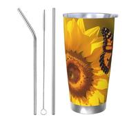Sunflower Butterfly Sunny Tumbler with Lid and Straw 20oz Stainless Steel Car Cup for Hot and Cold Drinks, Double Wall Insulated Travel Coffee Mug Reusable Drink Thermos Cup Birthday Gifts