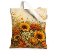 Sunflower Canvas Tote Bag, Floral Rustic Marigold Leaves Fall Yellow Small Tote Bag 13x15 Inch, Yellow, 13x15 Inch