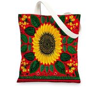 Sunflower Canvas Tote Bags, Colorful Floral Print Reusable Shopping Bags, Bohemian Artistic Lightweight Washable Shoulder S, Red, 13x15 Inch