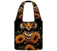 Sunflower Cartoon Tiger Reversible Canvas Shoulder Tote - Double-Sided Print, 12oz Cotton, 27cm Drop, Fold-Flat Bag for Travel, Shopping, Street Outings