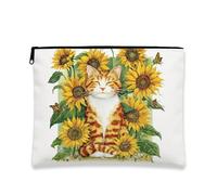 Sunflower Cat Makeup Bag, Floral Ginger Tabby Cosmetic Travel Pouch for Women, Portable Small Canvas Zipper Organizer, Spring Gift Skincare Toiletry Bag, Animal Lover Essentials, Yellow, 7x9 Inch, Cat