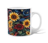 Sunflower Ceramic Coffee Mug, Festive Vibrant Red Flower Blue Flower Summer Yellow Novelty Hot Chocolate Mug with Handle Ideal for Friends Family Co-Worker Lovers Eldership Senior 11 Oz
