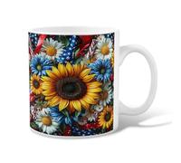 Sunflower Ceramic Coffee Mug, Patriotic Floral Chrysanthemum Blue Flower Summer Yellow Novelty Tea Mug with Handle Ideal for Friends Family Co-Worker Lovers Eldership Senior 11 Oz