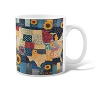 Sunflower Ceramic Coffee Mug, Quilted Rustic Stars Patchwork Fall Yellow Novelty Hot Chocolate Mug with Handle Ideal for Friends Family Lovers Eldership Senior Co-Worker 11 Oz