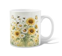 Sunflower Ceramic Coffee Mug, Spring Floral Chrysanthemum Butterfly Spring Yellow Novelty Hot Chocolate Mug with Handle Ideal for Friends Family Lovers Eldership Senior Co-Worker 11 Oz