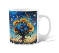 Sunflower Ceramic Coffee Mug, Spring Vibrant Butterfly Blue Flower Spring Blue Novelty Hot Chocolate Mug with Handle Ideal for Friendship Family Colleague Staff Sweetheart Teachers 11 Oz