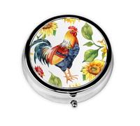 Sunflower Chicken Small Pill Box 3 Compartment Portable Pill Box for Purse Pocket Flower Rooster Mini Medicine Organiser for Daily Vitamin Fish Oil Storage