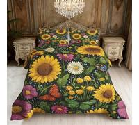 Sunflower Coverless Duvet Double, Wildflower Floral Butterfly Reversible Comforter Set 3 Pcs, 2 Pillowcases, Bedroom Decor, 10.5 Tog Soft Lightweight Warm All Seasons BZ-USA1330