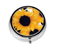 Sunflower Cow Print Small Pill Box 3 Compartment Portable Pill Box for Purse Pocket Flower Floral Mini Medicine Organiser for Daily Vitamin Fish Oil Storage