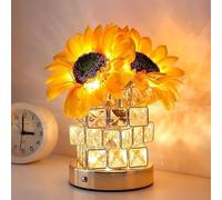 Sunflower Crystal Table Lamp, Dimmable LED Artificial Flower Touch Lamp with Cube Crystal Vase, USB Rechargeable Cordless Lamps for Bedroom, Living Room, Home Decoration
