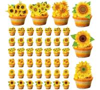 Sunflower Cupcake Toppers, 48PCS 6 Styles Sunflower Cake Topper, Easy to Use Birthday Cupcake Toppers for Theme Bithday School Party