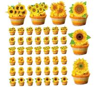 Sunflower Cupcake Toppers, 48PCS 6 Styles Sunflower Cake Topper, Easy to Use Birthday Cupcake Toppers for Theme Bithday School Party, Toys