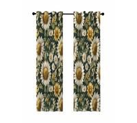 Sunflower Daisy Blackout Curtains for Bedroom Living Room, Country Retro Blooming Flower Leaf Green 90 In Long Thermal Insulated Room Darkening Drapes Grommet Window Treatments, 52 x 90 In