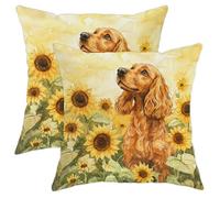Sunflower Dog Pillow Covers Set of 2, Golden Brown Cocker Spaniel Throw Pillows Case, Autumn Decorative Square Farmhouse Decor Cushion Covers for Home Sofa Bed Couch 16x16 Inch
