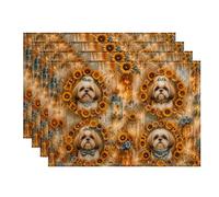 Sunflower Dog Placemats, Rustic Farmhouse Style Table Mats for Dining, Fall Autumn Decorative Non-Slip Washable Indoor Outdoor Kitchen Party Placemat Set of 4