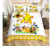 Sunflower Duvet Cover For Cabin Lodge Decor Rustic Gnome Bedding Set Cartoon Daisy Butterflies Comforter Cover Spring Checkered Honey Bee Plants Bed Cover With 2 Pillow Sham Bedroom Decor Double