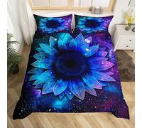 Sunflower Duvet Cover Set Double Size, Blue Purple Starry Sky Bedding Set 3pcs for Kids Boys Girls Room Decor, Galaxy Flower Floral Comforter Cover Soft Polyester Quilt Cover with 2 Pillowcases