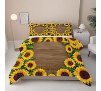 Sunflower Duvet Cover Set Junior, Retro Wood Grain Quilt Cover with Zipper, Rustic Flower Junior Reversible xxx Comforter Cover, Soft Microfiber Pastoral Style Bedding 120 x 150 cm