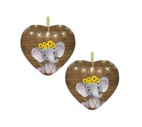 Sunflower Elephant Wooden Floor Multi-Scenario Printed Christmas Ceramic Heart-Shaped Decorative Pendant