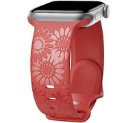 Sunflower Engraved Band Compatible with Apple Watch Bands 38mm 40mm 41mm 42mm 44mm 45mm 49mm Women, Designer Soft Glossy Floral Silicone Strap for iWatch Series Ultra 11 10 9 8 7 6 SE 5 4, Red38