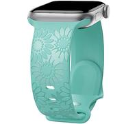 Sunflower Engraved Band Compatible with Apple Watch Bands 38mm 40mm 41mm 42mm 44mm 45mm 49mm Women, Designer Soft Glossy Floral Silicone Strap for iWatch Series Ultra 9 8 7 6 SE 5 4 3 2, LakeGreen-42