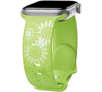 Sunflower Engraved Band Compatible with Apple Watch Bands 38mm 40mm 41mm 42mm 44mm 45mm 49mm Women, Designer Soft Glossy Floral Silicone Strap for iWatch Series Ultra 9 8 7 6 SE 5 4 3 2, Green-42