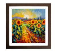 Sunflower Field Fauvism Framed Print | 18x18 Inch Walnut Framed Wall Art | Ready to Hang | Modern Floral Picture | Living Room Bedroom Lounge Office