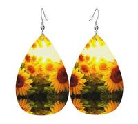 Sunflower Field On Bright Sunshine Earrings For Women Leather Dangle Lightweight Teardrop Earrings Jewelry For Women
