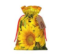 (Sunflower Field) Print Christmas New Year Candy Gift Bag, Red Xmas Ribbon Drawstring Bags for Kids Xmas Holiday Eve Presents S Size
