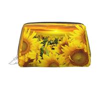 Sunflower Field Print Leather Cosmetic Pouch, Leather Makeup Bag for Purse with Top Zip Closure Stylish Toiletry Bag