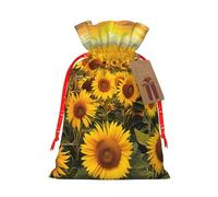 Sunflower Field Printed Christmas Drawstring Bags for Party Xmas Gift Wrapping, Red Christmas Ribbon, M