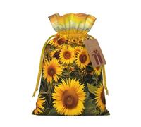 Sunflower Field Printed Christmas Drawstring Bags for Party Xmas Gift Wrapping, Yellow Christmas Ribbon, M
