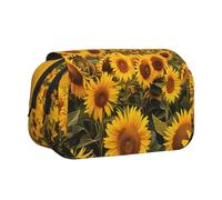 Sunflower Field Printed Flip Pencil Case with 2 Compartments, Large Capacity, Portable Stationery Organizer for School, Travel and Art