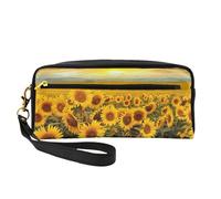 Sunflower Field Printed Leather Makeup Bags with Wrist Strap Portable Travel Toiletry Bag Cosmetic Organizer Bag for Women