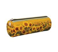 Sunflower Field Printed Leather Pencil Case Cute Stationery Organizer Round Makeup Bag Pen Pouch, Gold Zipper