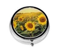 Sunflower Field Printed Round Pill Organizer with 3 Compartments, Portable Mini Pill Box Pill Case for Medicine, Vitamin, Fish Oil, Supplements