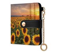 Sunflower Field Sunset Orange Print Small Women Wallet RFID Blocking Bifold PU Leather Compact Card Holder with Coin Pocket Zipper Purse for Ladies Girls Women