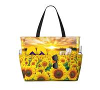 Sunflower Field Sunset Print Large Waterproof Beach Tote Bag for Women with Zip and Pockets Foldable Handbag for Travel Pool Shopping Holiday Gym