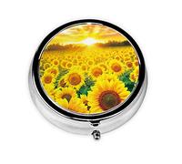 Sunflower Field Sunset Print Pill Box for Pocket Round Pill Box 3 Compartment Decorative Portable Travel Pill Holder Tablet Vitamin Organizer Mini Pill Case(2pcs)