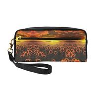 Sunflower Field Sunset Sea of Flowers Double-Sided Printed Leather Portable Makeup Pouch-Multi-Purpose Cosmetic Bag, Pencil Case and Organizer for Women