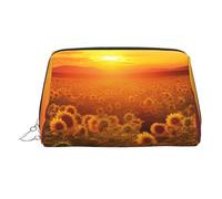 Sunflower Field Sunset Sea of Flowers Makeup Bag for Women Cosmetic Bags Leather Travel Makeup Case Organizer Waterproof Make up Pouch Open Flat Toiletry Bag Portable Storage Pouch for Travelling