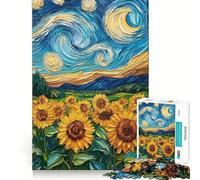 Sunflower Field Under Starry Night Painting 1000 Piece Jigsaw Puzzles for Adults Memory Boost Family Joy Pattern Assembly Santa Wish Pick 38x52cm