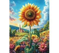 Sunflower Field with A Church Steeple 1000 Pc Classic Jigsaw Puzzle Science Fiction Magical Dream Puzzle for Adults Hard Challenging Hobby Home Decor Poster Eco Friendly Material 1000