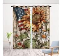Sunflower Flag Curtains 66 Inch 2 Panels, Flower Leaves Star Letter 3D Pattern Drapes with Eyelet Thermal Insulated Curtain, American Vintage Blackout Curtains for Bedroom Living Room, 52" x 66"
