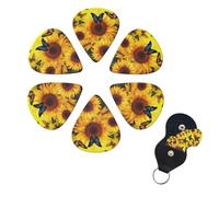 Sunflower Floral Butterflies Art Guitar Picks 6 Pack, 0.71mm Thickness Celluloid Bass Pick with Leather Guitar Pick Holder Keychain Abstract Art Pics Plectrum for Acoustic Electric Guitar