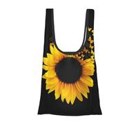 Sunflower Floral Butterflies Art Print Reusable, Foldable,Washable Grocery Bags Foldable in A Pouch Eco Tote Shopping Bag,Daily Shopping Loading